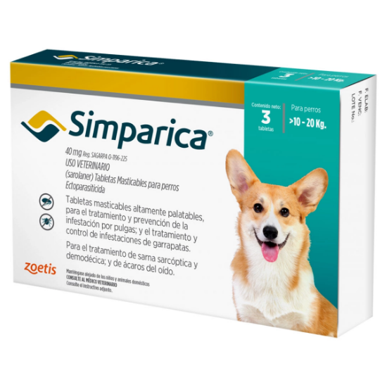 Imagen de VET SIMPARICA 40MG X 3 COMP. (10KG A 20 KG)