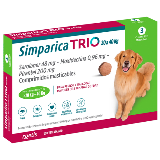 Imagen de VET SIMPARICA TRIO X 3 COMP. (20.1 - 40 kg)