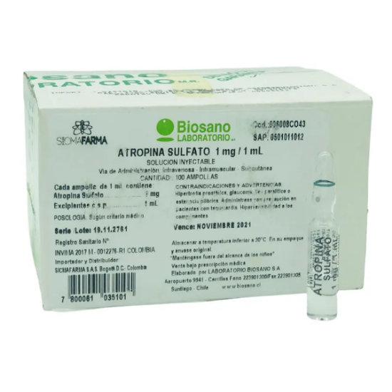 Imagen de ATROPINA SULFATO 1MG / 1ML X 100 AMP.